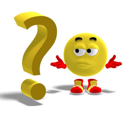 3D rendering of a cool and funny emoticon with a question markの写真素材