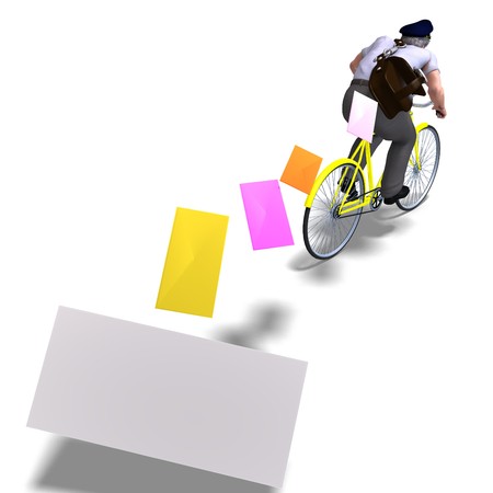 postman on a bike with invitations. 3D rendering with  shadow over whiteの写真素材