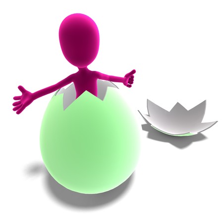 symbolic 3d male toon character jumps out of the egg. 3D rendering with  shadow over whiteの写真素材