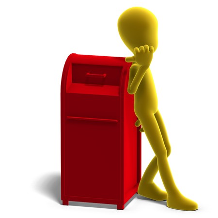 symbolic 3d male toon character say that you should drop your mail here. 3D rendering with shadow over whiteの写真素材