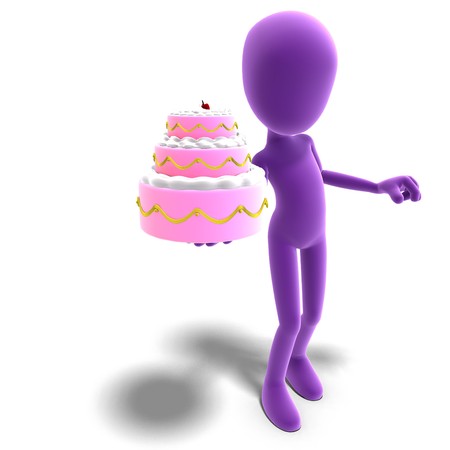 3d male icon toon character presents a huge cake to you. 3D rendering with  shadow over whiteの写真素材