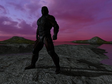 science fictional character in a strange and hostile world. 3D rendering over background sceneの写真素材