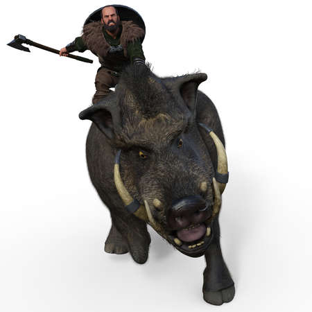 3d-illustration of an isolated fantasy illustration of a battle boar with a dwarfの写真素材