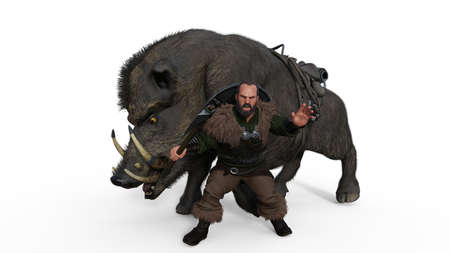 3d-illustration of an isolated fantasy illustration of a battle boar with a dwarfの写真素材