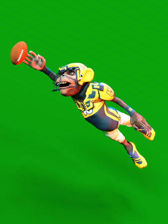 3D-illustration of a cute and funny human cartoon monkey animal as an american football playerの写真素材