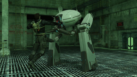 3D-illustration of a biped droid or robot in a science fiction starshipの写真素材