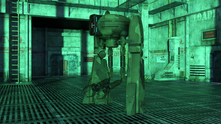 3D-illustration of a biped droid or robot in a science fiction starshipの写真素材