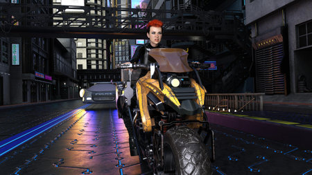 3d-illustration of a futuristic cyberpunk bike driven by a girl chased by the policeの写真素材