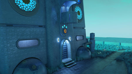 3D-illustration of an alien city and scifi architecture somewhere in the galaxyの写真素材