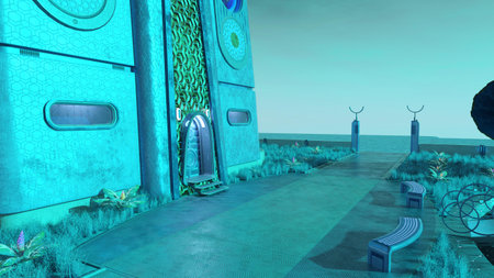3D-illustration of an alien city and scifi architecture somewhere in the galaxyの写真素材