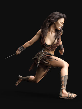 3d-illustration of an isolated fighting female fantasy barbarian with knifeの写真素材
