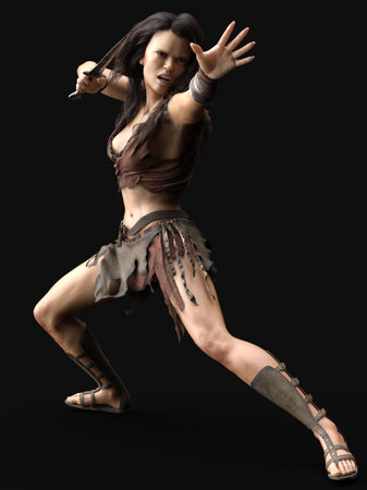 3d-illustration of an isolated fighting female fantasy barbarian with knifeの写真素材