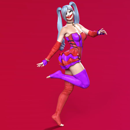 3D-illustration of a cute and dangerous female harlequin jokerの写真素材