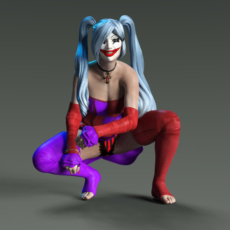3D-illustration of a cute and dangerous female harlequin jokerの写真素材