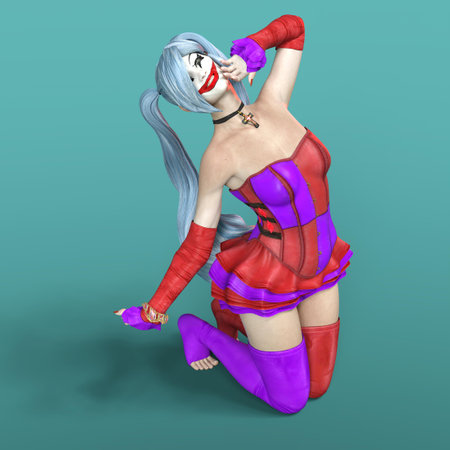 3D-illustration of a cute and dangerous female harlequin jokerの写真素材
