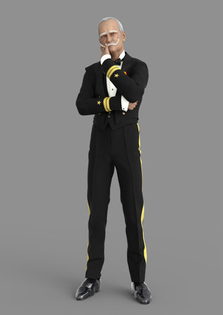 3D-illustration of an older elegant cartoon butler in military uniformの写真素材
