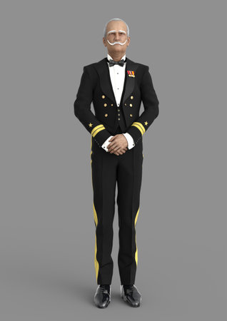 3D-illustration of an older elegant cartoon butler in military uniformの写真素材