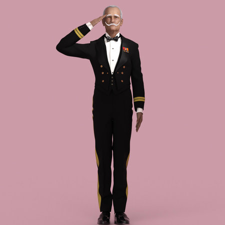 3D-illustration of an older elegant cartoon butler in military uniformの写真素材