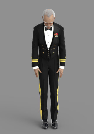 3D-illustration of an older elegant cartoon butler in military uniform
