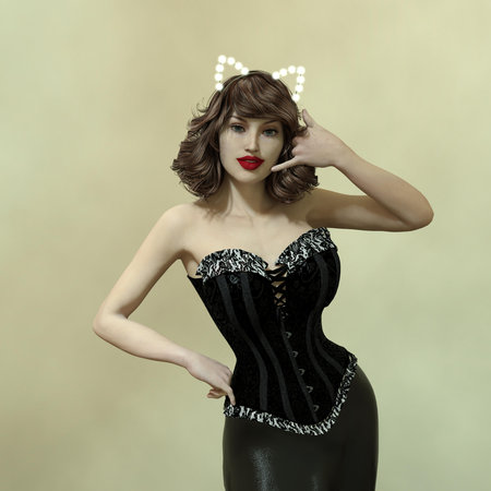 3D-Illustration of an Isolated beautiful young Girl wearing a cat ears headbandの写真素材