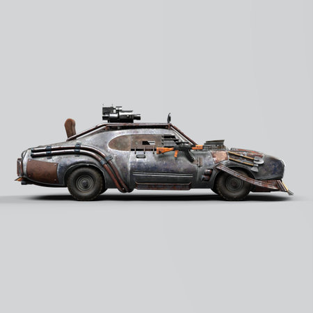 3D-illustration of a post apocalyptic car to fight zombies with weaponsの写真素材