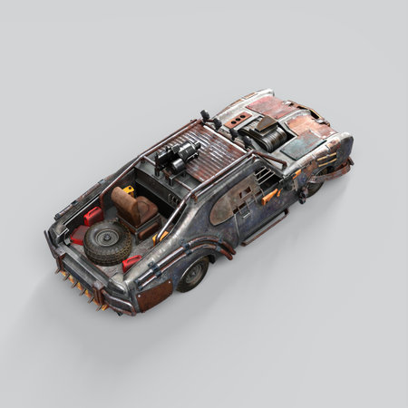 3D-illustration of a post apocalyptic car to fight zombies with weaponsの写真素材