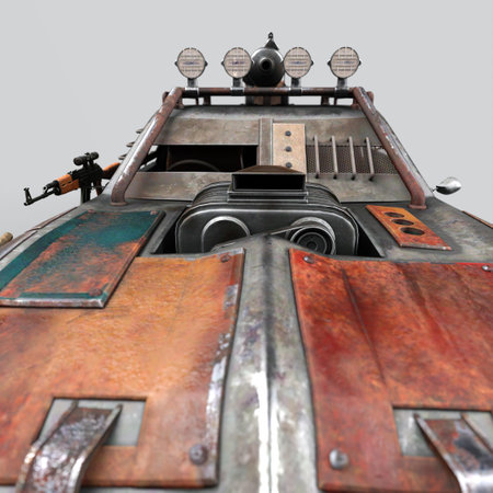 3D-illustration of a post apocalyptic car to fight zombies with weaponsの写真素材