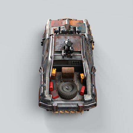 3D-illustration of a post apocalyptic car to fight zombies with weaponsの写真素材