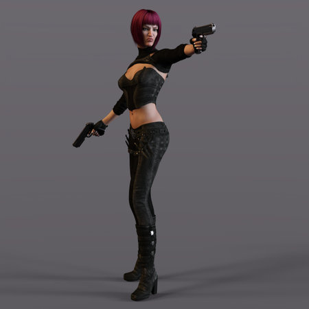 3D-illustration of an female rogutlike ninja fighter fighter in a nanosuit with gunsの写真素材