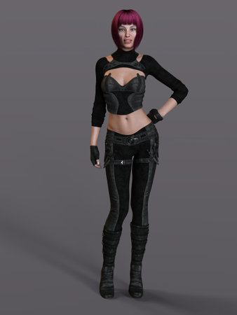 3D-illustration of an female rogutlike ninja fighter fighter in a nanosuit with gunsの写真素材