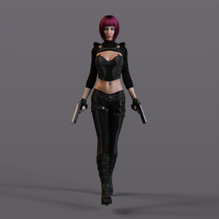 3D-illustration of an female rogutlike ninja fighter fighter in a nanosuit with gunsの写真素材