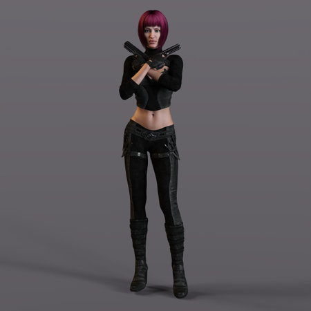 3D-illustration of an female rogutlike ninja fighter fighter in a nanosuit with gunsの写真素材