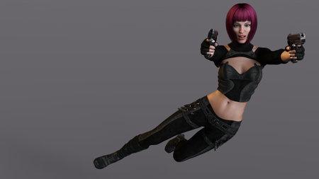 3D-illustration of an female rogutlike ninja fighter fighter in a nanosuit with gunsの写真素材