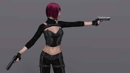 3D-illustration of an female rogutlike ninja fighter fighter in a nanosuit with gunsの写真素材