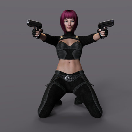 3D-illustration of an female rogutlike ninja fighter fighter in a nanosuit with gunsの写真素材