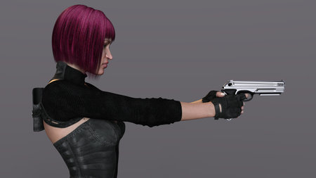 3D-illustration of an female rogutlike ninja fighter fighter in a nanosuit with gunsの写真素材