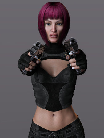 3D-illustration of an female rogutlike ninja fighter fighter in a nanosuit with gunsの写真素材