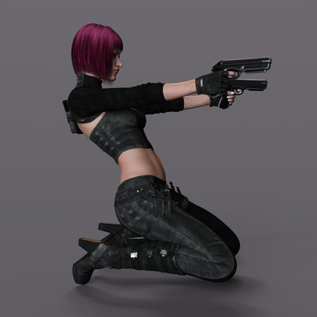 3D-illustration of an female rogutlike ninja fighter fighter in a nanosuit with gunsの写真素材
