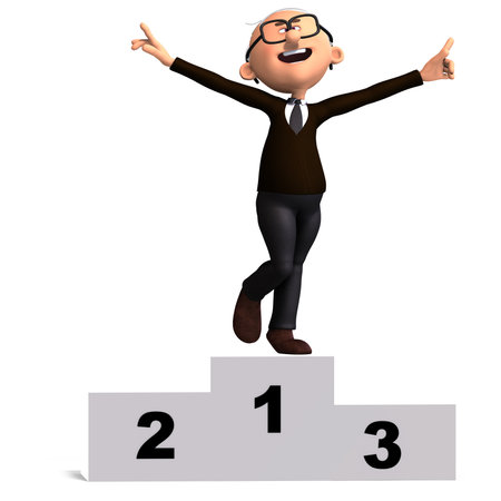 3D-illustration of a cute and funny cartoon old guy has success and is a winnerの写真素材
