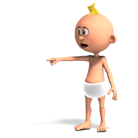 3D-illustration of a cute and funny cartoon baby with a diaper pointing in a directionの写真素材