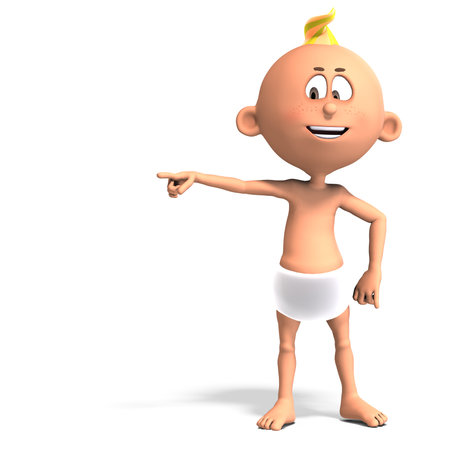 3D-illustration of a cute and funny cartoon baby pointing into a directionの写真素材