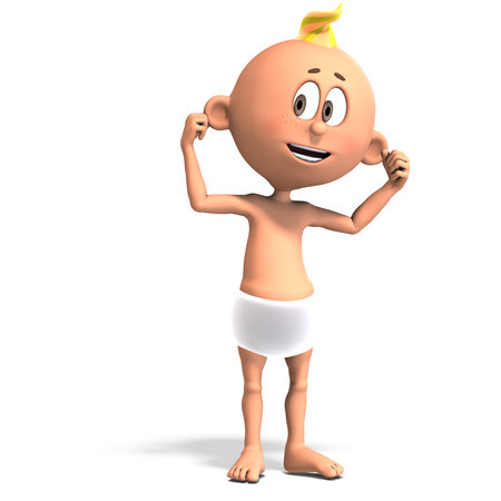 3D-illustration of a cute and funny cartoon baby with a diaper is such a strong characterの写真素材
