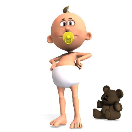 3D-illustration of a cute and funny cartoon baby with a diaper and a pacifierの写真素材
