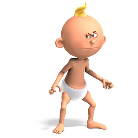 3D-illustration of a cute and funny cartoon baby with a diaper is so angryの写真素材