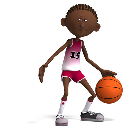 3D-illustration of a cute and funny cartoon basketball player dribbling and throwing a ballの写真素材