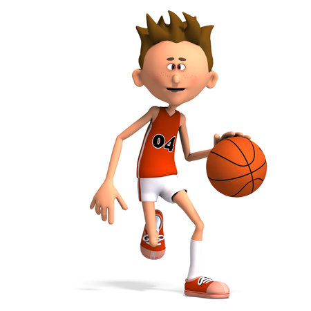 3D-illustration of a cute and funny cartoon basketball player dribbling a ballの写真素材