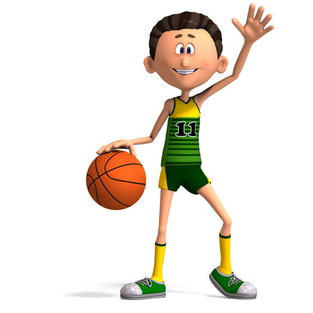 3D-illustration of a cute and funny cartoon basketball player dribbling a ball and waving with his handの写真素材
