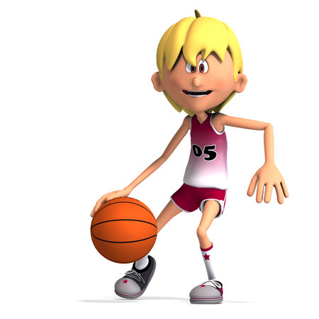 3D-illustration of a cute and funny cartoon basketball player dribbling and throwing a ballの写真素材