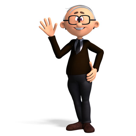 3D-illustration of a cute and funny cartoon old guy waving with his hands saying helloの写真素材