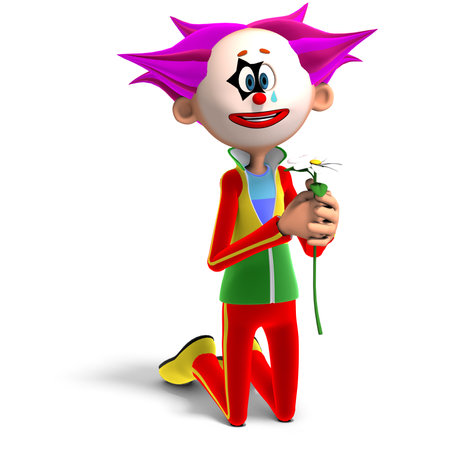 3D-illustration of a cute and funny cartoon clown asks for the hand of his loved onesの写真素材